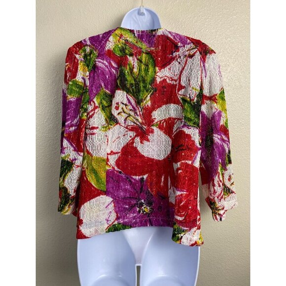 Joseph Ribkoff Floral Top Blazer Set size 12 Lace Lightweight Red Green Full Zip - Picture 2 of 16